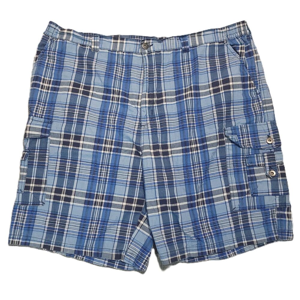 KingSize Plaid Cargo Shorts Mens 46 Big Stretch Blue Cotton